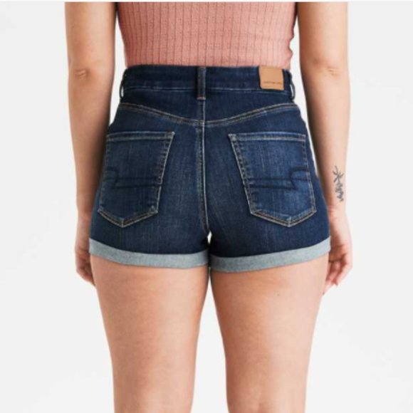 American Eagle Curvy Hi-Rise Shortie Denim Shorts Size 8 Dark Indigo Distressed - Picture 8 of 8